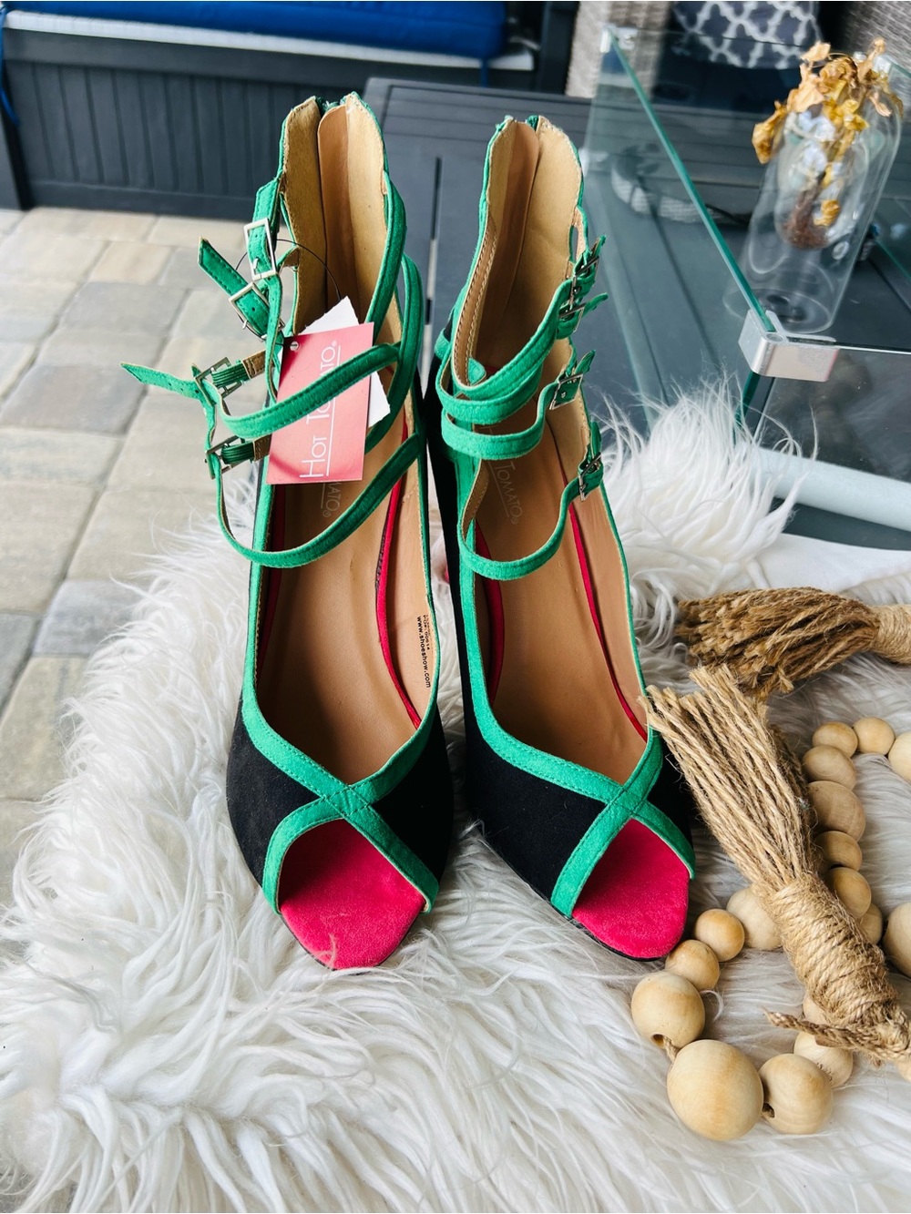 Hot Tomato Black and Green Strappy Peep-Toe Heels with Pink Insole